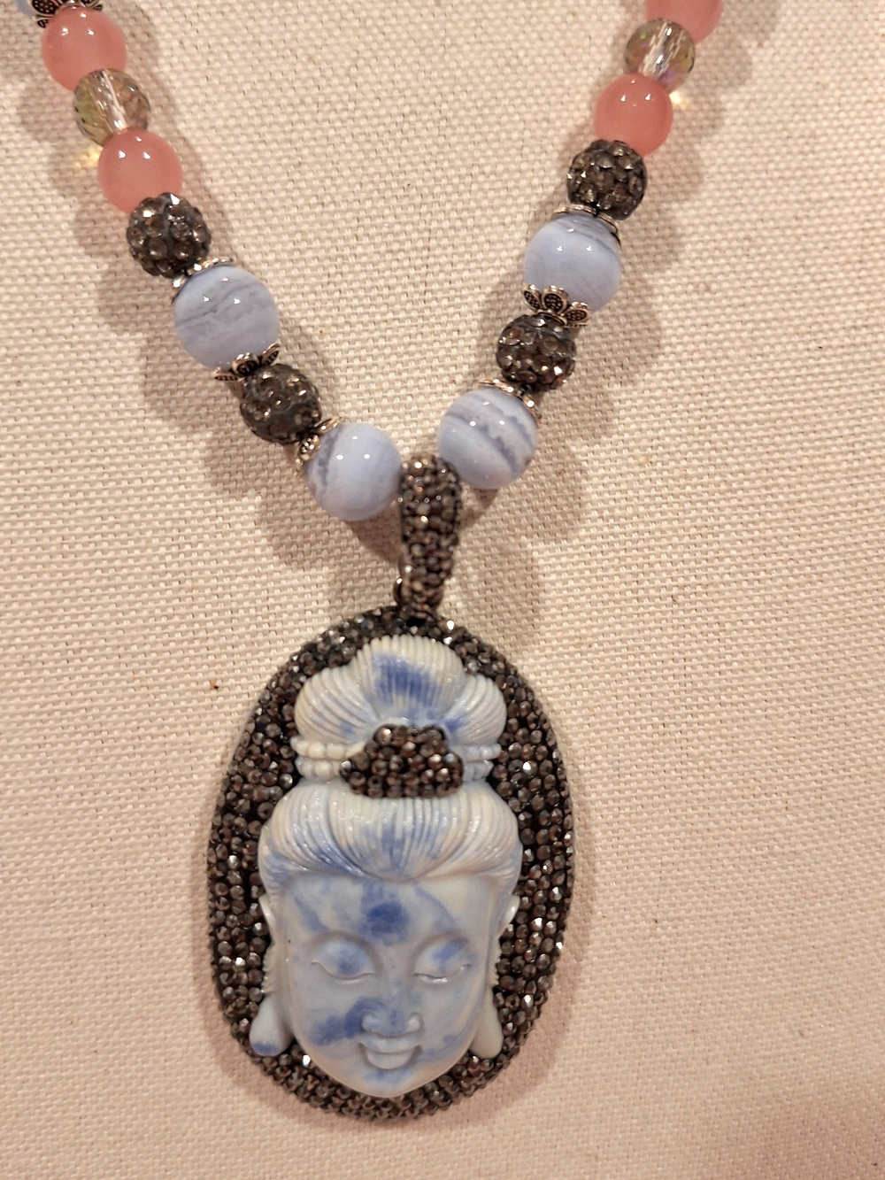 Artisan Crafted Blue and Pink Buddah Goddess Pendant Necklace